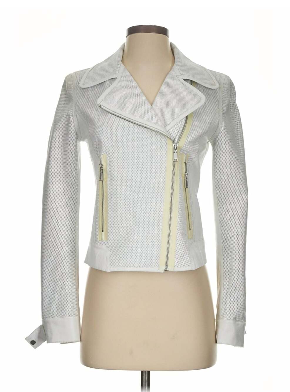 Elie Tahari Off White Perforated 100% Lambskin Leather Moto Jacket Size XS